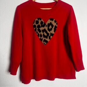 J Crew Everyday Red Cashmere Sweater with Leopard Heart. Size S.